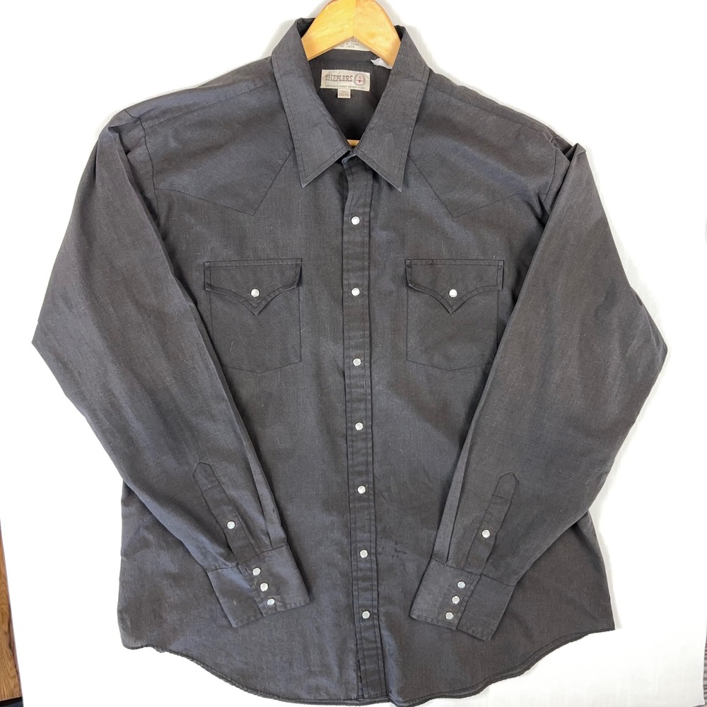 Sheplers Mens Western Pearl Snap Shirt Charcoal Grey Tall 17.5-37 Long Sleeve